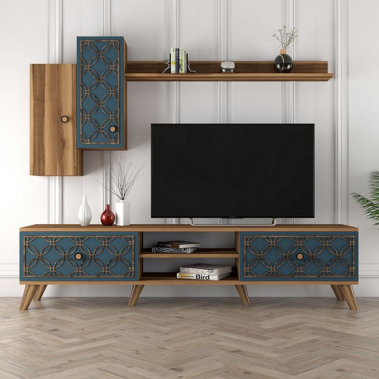 Parete Attrezzata Marrone Noce blu Modulabile 8 Ripiani, 4 Ante - Vanzago