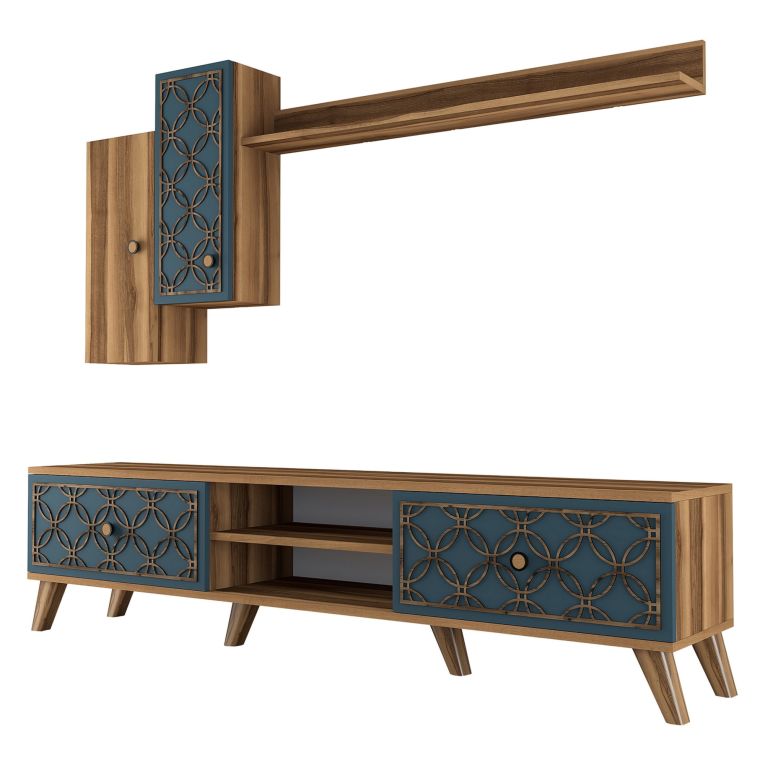 Parete Attrezzata Marrone Noce blu Modulabile 8 Ripiani, 4 Ante - Vanzago