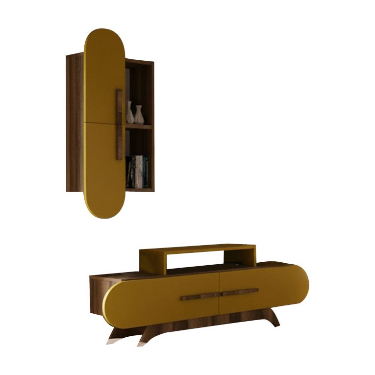 Parete Attrezzata Marrone Noce Giallo 6 Ripiani Modulabile, Apertura Battente, a Ribalta - Ossimo