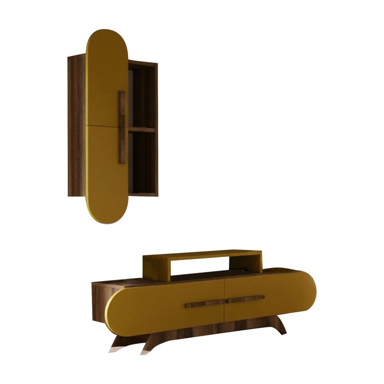 Parete Attrezzata Marrone Noce Giallo 6 Ripiani Modulabile, Apertura Battente, a Ribalta - Ossimo