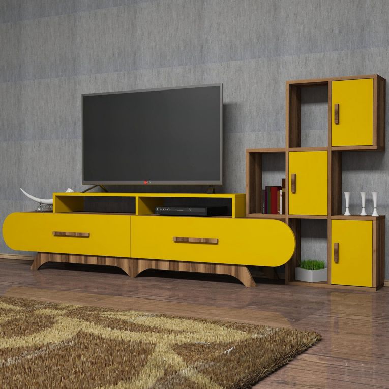 Parete Attrezzata Marrone Noce Giallo Modulabile 10 Ripiani, 5 Ante - Serralta