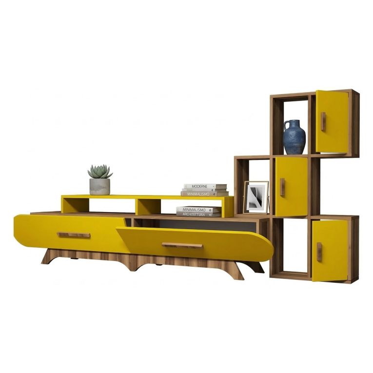 Parete Attrezzata Marrone Noce Giallo Modulabile 10 Ripiani, 5 Ante - Serralta