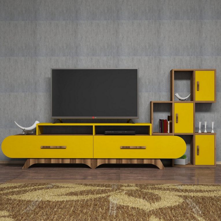 Parete Attrezzata Marrone Noce Giallo Modulabile 10 Ripiani, 5 Ante - Serralta
