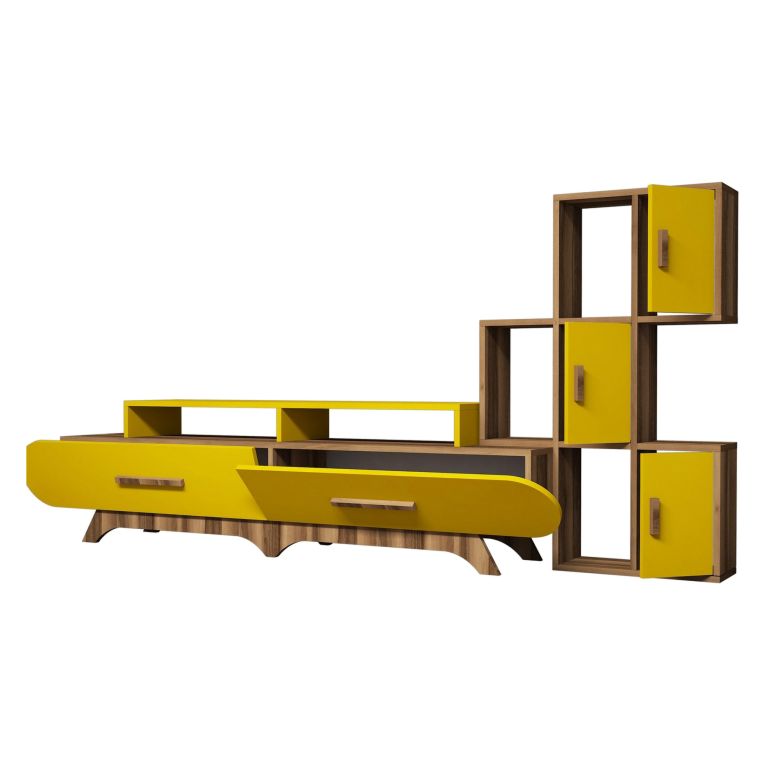 Parete Attrezzata Marrone Noce Giallo Modulabile 10 Ripiani, 5 Ante - Serralta