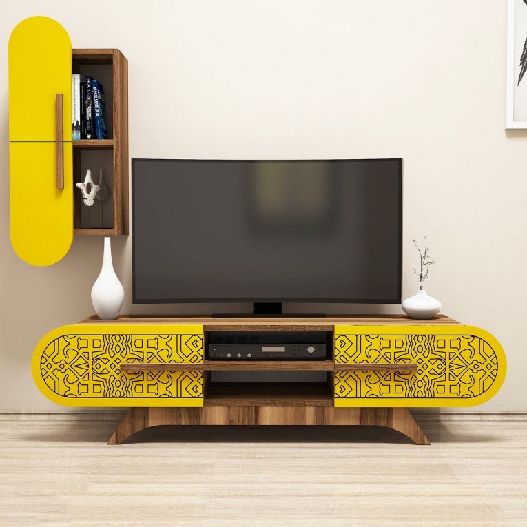 Parete Attrezzata Marrone Noce Giallo Modulabile 7 Ripiani, 4 Ante - Busca