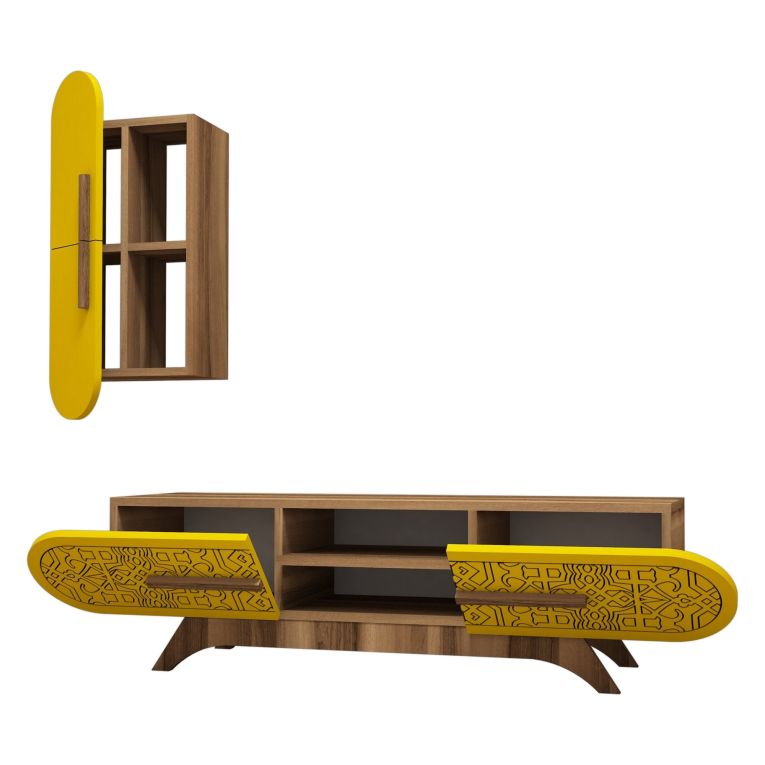 Parete Attrezzata Marrone Noce Giallo Modulabile 7 Ripiani, 4 Ante - Busca