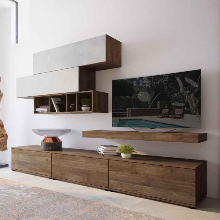 Parete Attrezzata Marrone Noce Grigio Modulabile Apertura Battente, a Ribalta, 5 Ante - Mammola