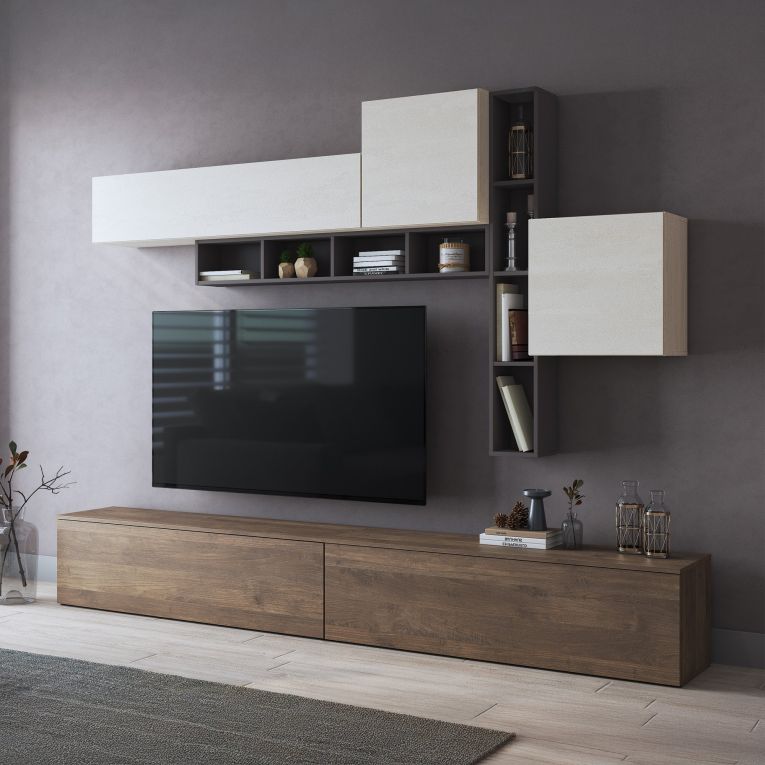 Parete Attrezzata Marrone Noce Nero Antracite 5 Ripiani Modulabile, Apertura Battente, a Ribalta - Ippona