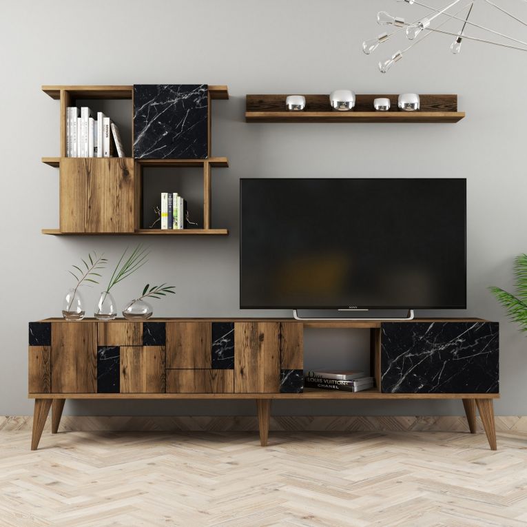 Parete Attrezzata Marrone Noce Nero Marmo Modulabile 9 Ripiani, 7 Vani - Casaluce