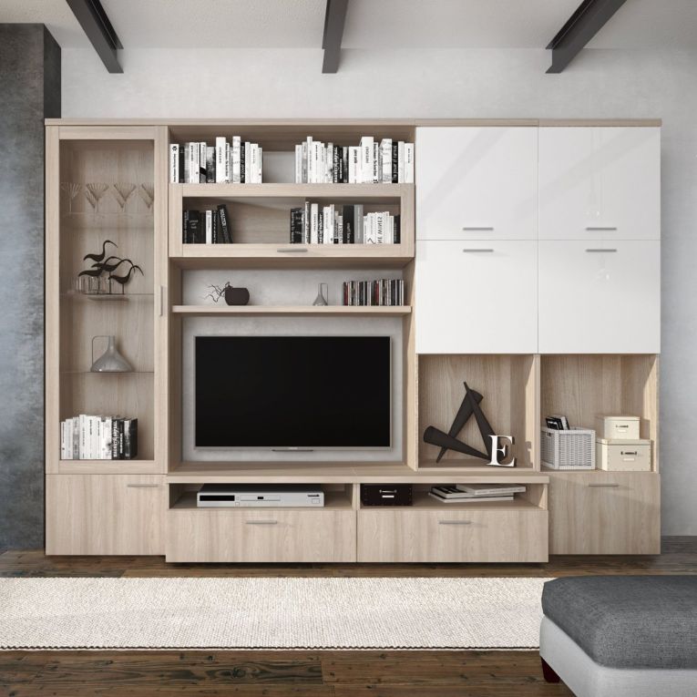 Parete Attrezzata Marrone Olmo Bianco Lucido 5 Ripiani Modulabile, 24 Vani - Faggian
