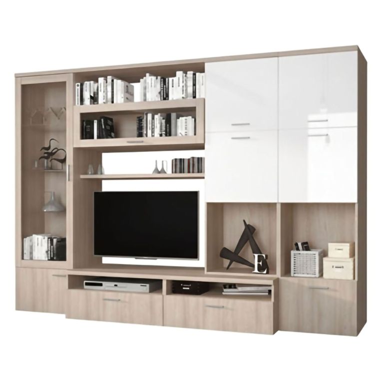Parete Attrezzata Marrone Olmo Bianco Lucido 5 Ripiani Modulabile, 24 Vani - Faggian