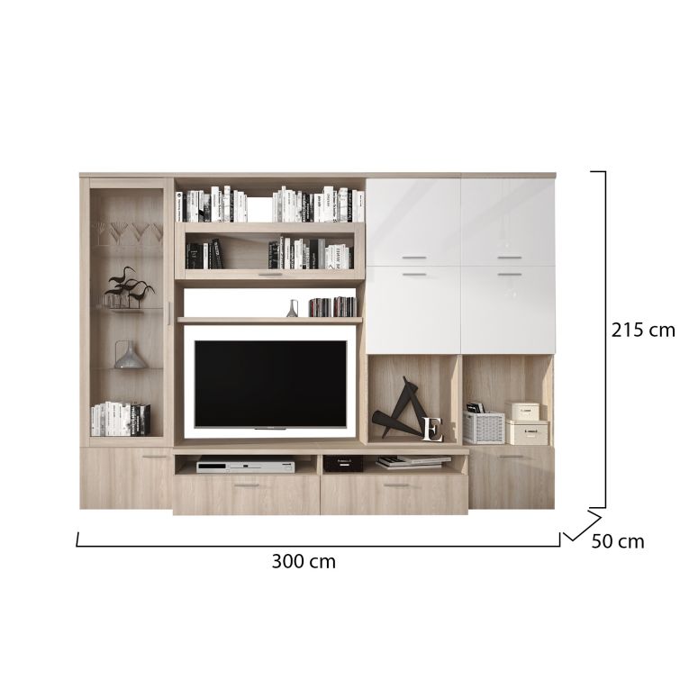 Parete Attrezzata Marrone Olmo Bianco Lucido 5 Ripiani Modulabile, 24 Vani - Faggian