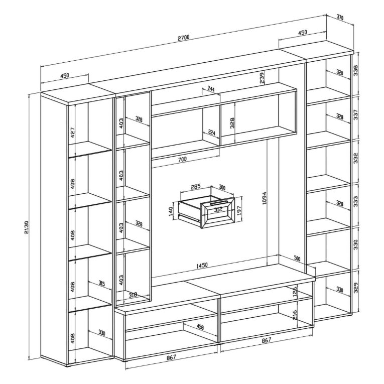 Parete Attrezzata Marrone Olmo Modulabile 4 Cassetti, 8 Ripiani - Carenno