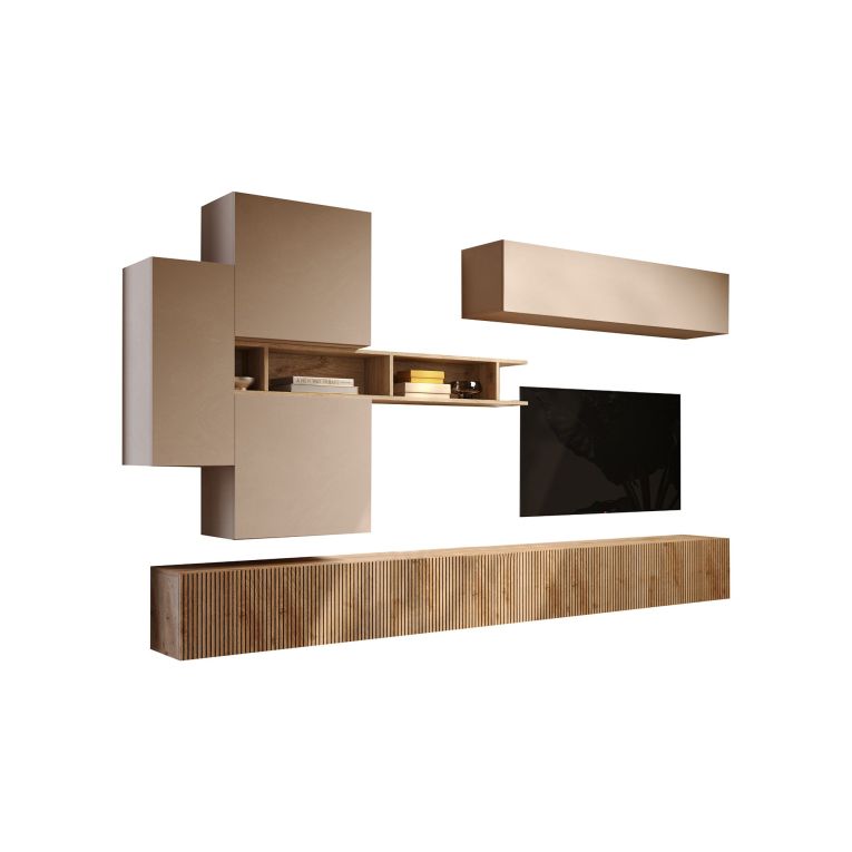 Parete Attrezzata Marrone Pero Bianco Crema Modulabile un Ripiano, set Componibile Made in Italy - Calascio