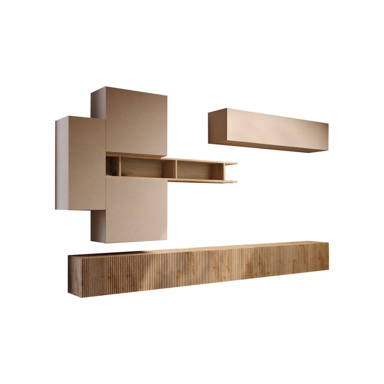 Parete Attrezzata Marrone Pero Bianco Crema Modulabile un Ripiano, set Componibile Made in Italy - Calascio