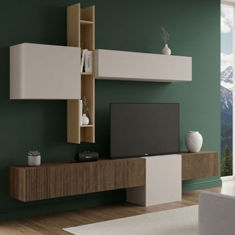 Parete Attrezzata Marrone Pero Bianco Crema Modulabile un Ripiano, set Componibile Made in Italy - Narcao