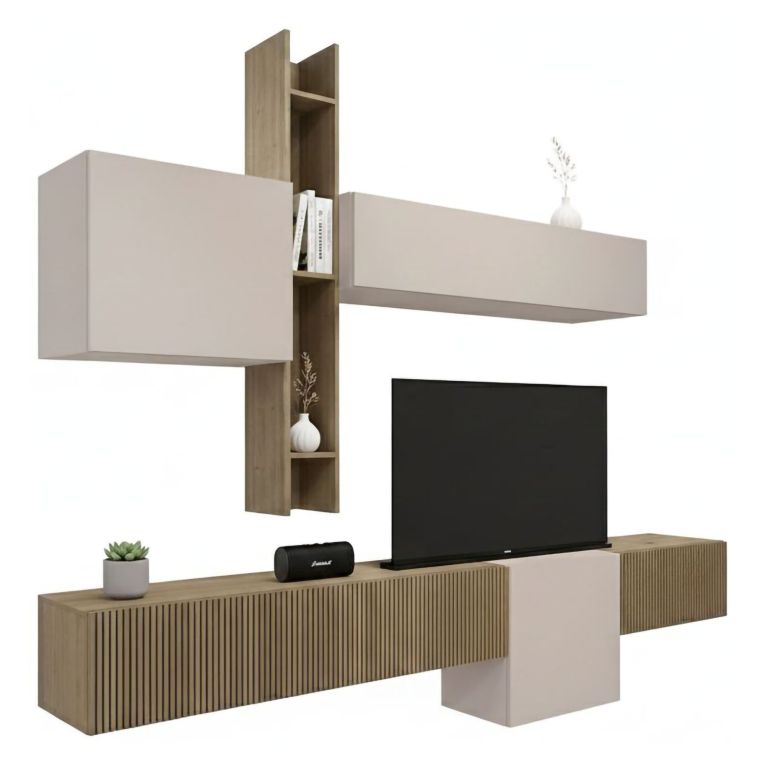 Parete Attrezzata Marrone Pero Bianco Crema Modulabile un Ripiano, set Componibile Made in Italy - Narcao