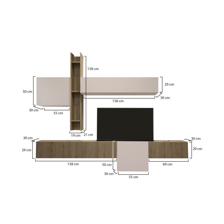 Parete Attrezzata Marrone Pero Bianco Crema Modulabile un Ripiano, set Componibile Made in Italy - Narcao