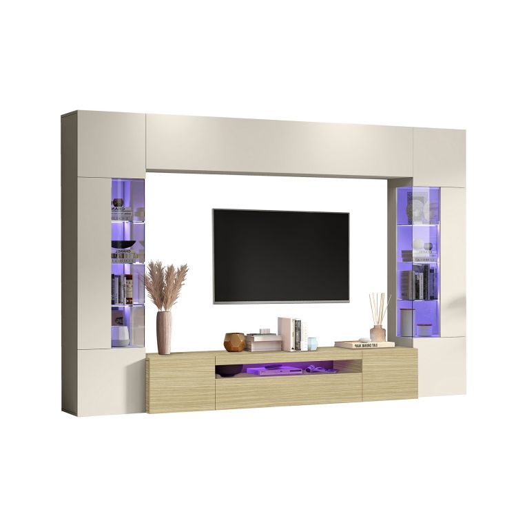 Parete Attrezzata Marrone Rovere Beige Cashmere 14 Ripiani 6 Ante 290x40x190h cm, Apertura Battente - Solopaca