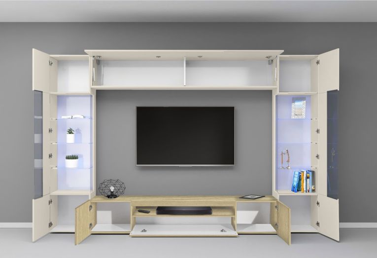 Parete Attrezzata Marrone Rovere Beige Cashmere 14 Ripiani 6 Ante 290x40x190h cm, Apertura Battente - Solopaca