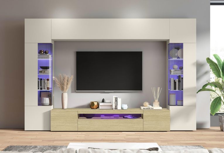 Parete Attrezzata Marrone Rovere Beige Cashmere 14 Ripiani 6 Ante 290x40x190h cm, Apertura Battente - Solopaca
