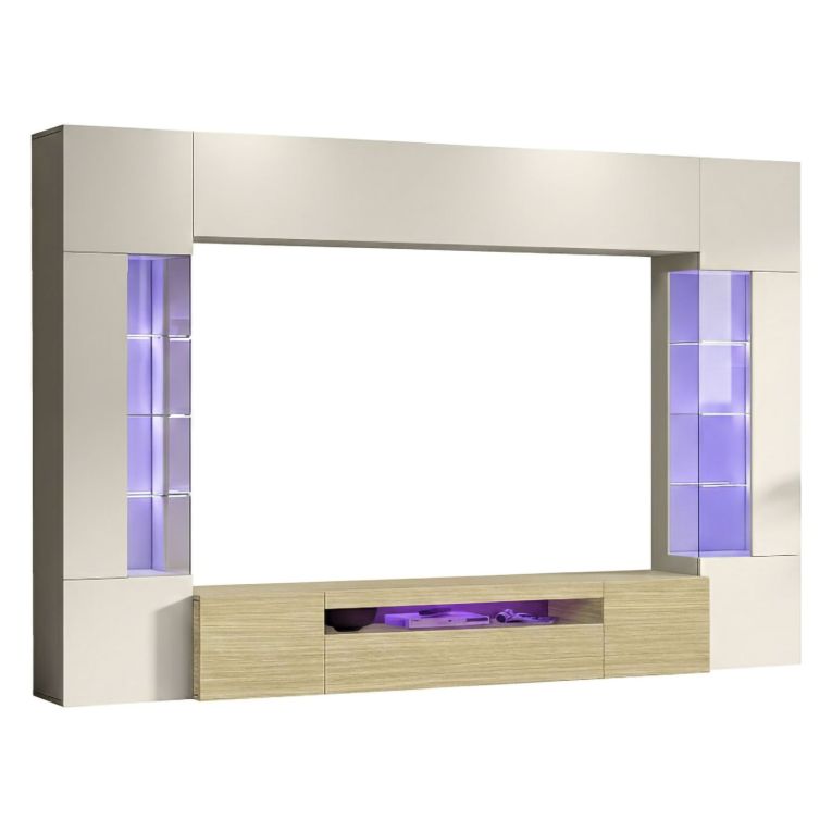Parete Attrezzata Marrone Rovere Beige Cashmere 14 Ripiani 6 Ante 290x40x190h cm, Apertura Battente - Solopaca