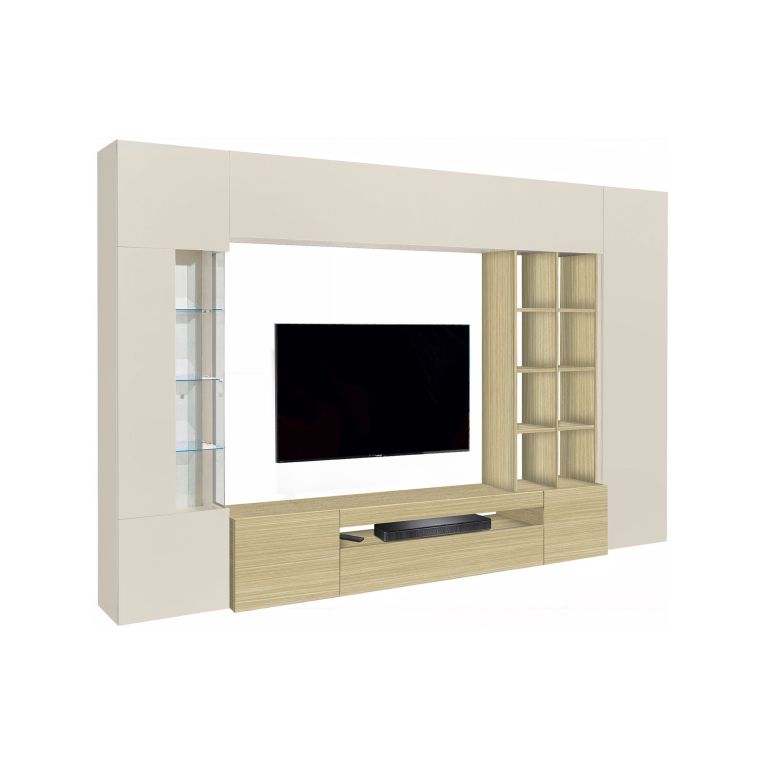 Parete Attrezzata Marrone Rovere Beige Cashmere 14 Ripiani 6 Ante 290x40x191.2h cm, Apertura Battente - Sabbia