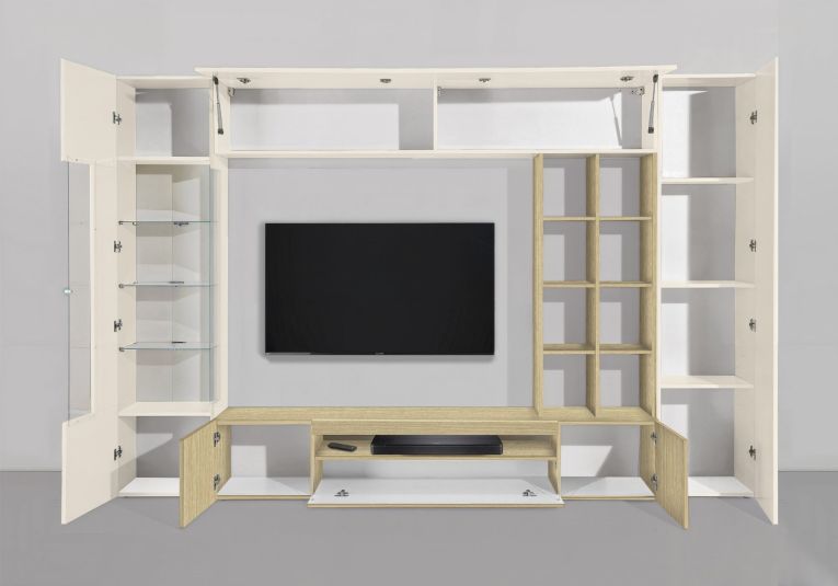Parete Attrezzata Marrone Rovere Beige Cashmere 14 Ripiani 6 Ante 290x40x191.2h cm, Apertura Battente - Sabbia