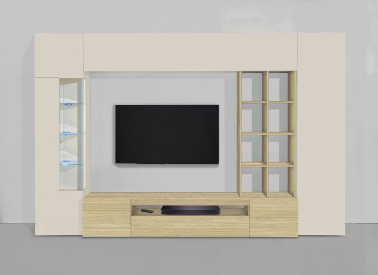 Parete Attrezzata Marrone Rovere Beige Cashmere 14 Ripiani 6 Ante 290x40x191.2h cm, Apertura Battente - Sabbia