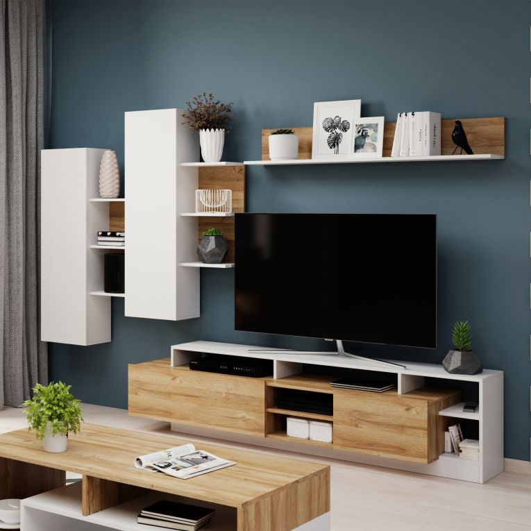 Parete Attrezzata Marrone Rovere Bianco Modulabile 12 Ripiani, 20 Vani - Kanapa