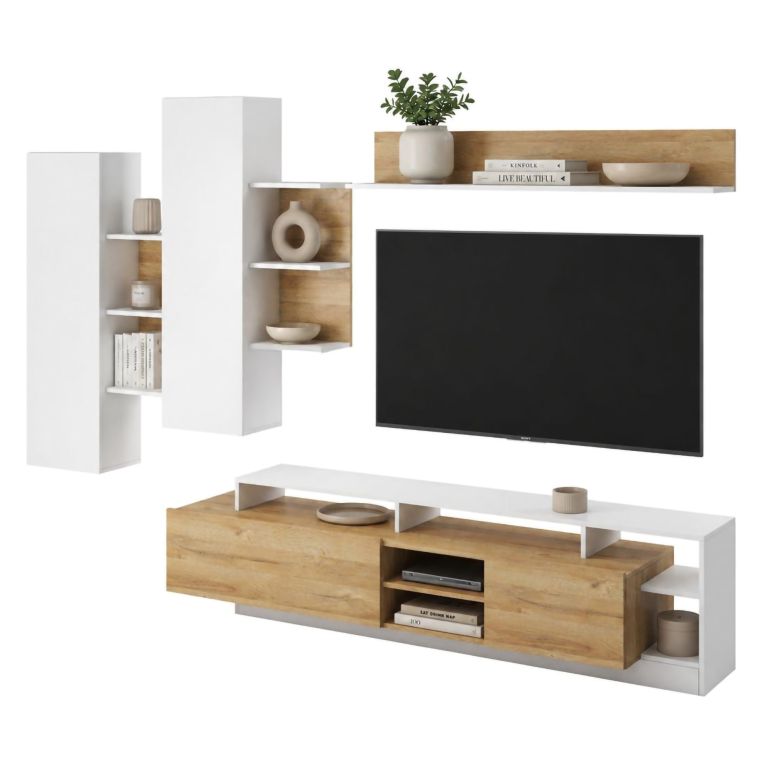 Parete Attrezzata Marrone Rovere Bianco Modulabile 12 Ripiani, 20 Vani - Kanapa