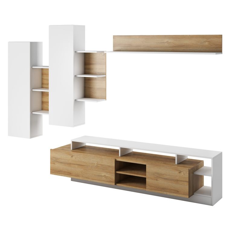 Parete Attrezzata Marrone Rovere Bianco Modulabile 12 Ripiani, 20 Vani - Kanapa