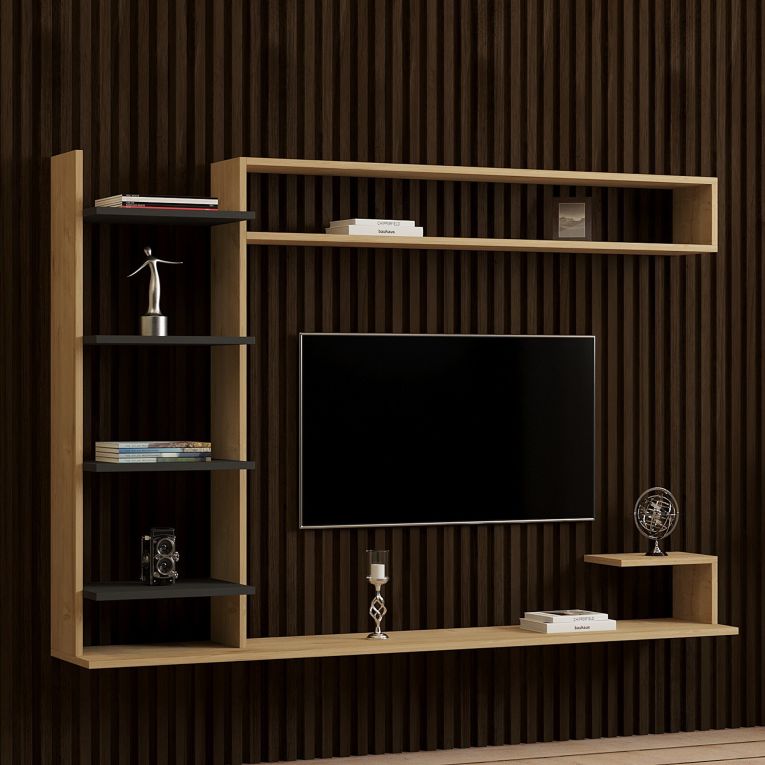 Parete Attrezzata Marrone Rovere Nero 8 Ripiani set Componibile, 5 Vani - Viggiona