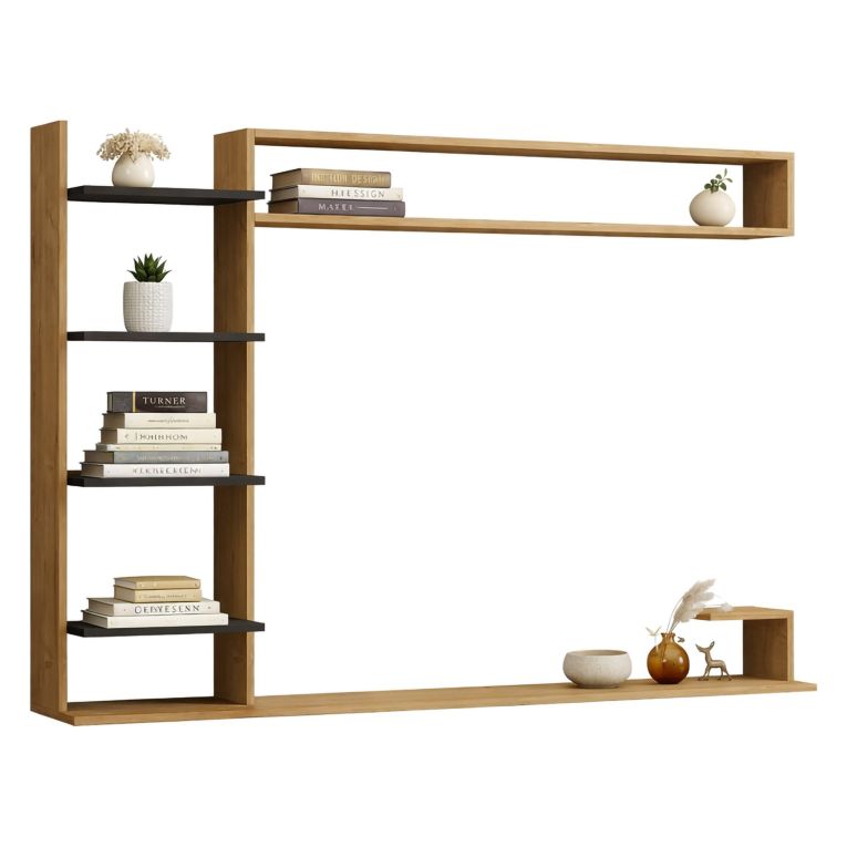 Parete Attrezzata Marrone Rovere Nero 8 Ripiani set Componibile, 5 Vani - Viggiona