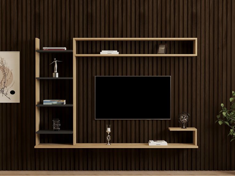 Parete Attrezzata Marrone Rovere Nero 8 Ripiani set Componibile, 5 Vani - Viggiona