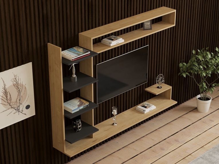 Parete Attrezzata Marrone Rovere Nero 8 Ripiani set Componibile, 5 Vani - Viggiona