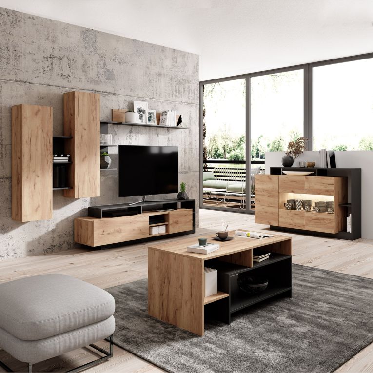 Parete Attrezzata Marrone Rovere Nero Antracite Modulabile 12 Ripiani, 20 Vani - Kamotiba