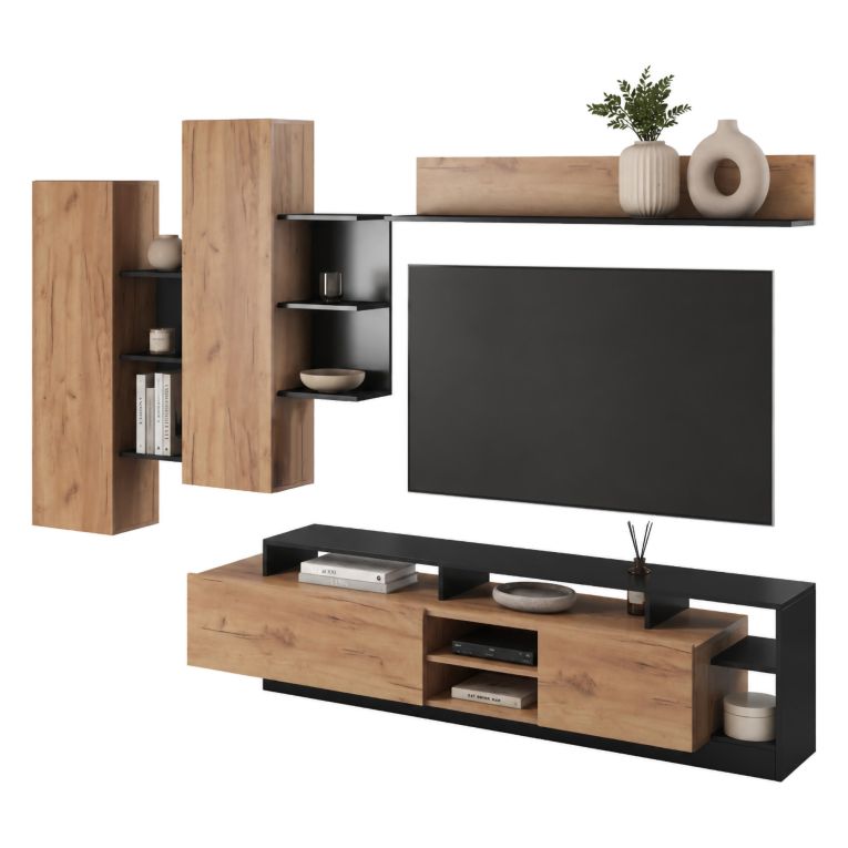 Parete Attrezzata Marrone Rovere Nero Antracite Modulabile 12 Ripiani, 20 Vani - Kamotiba