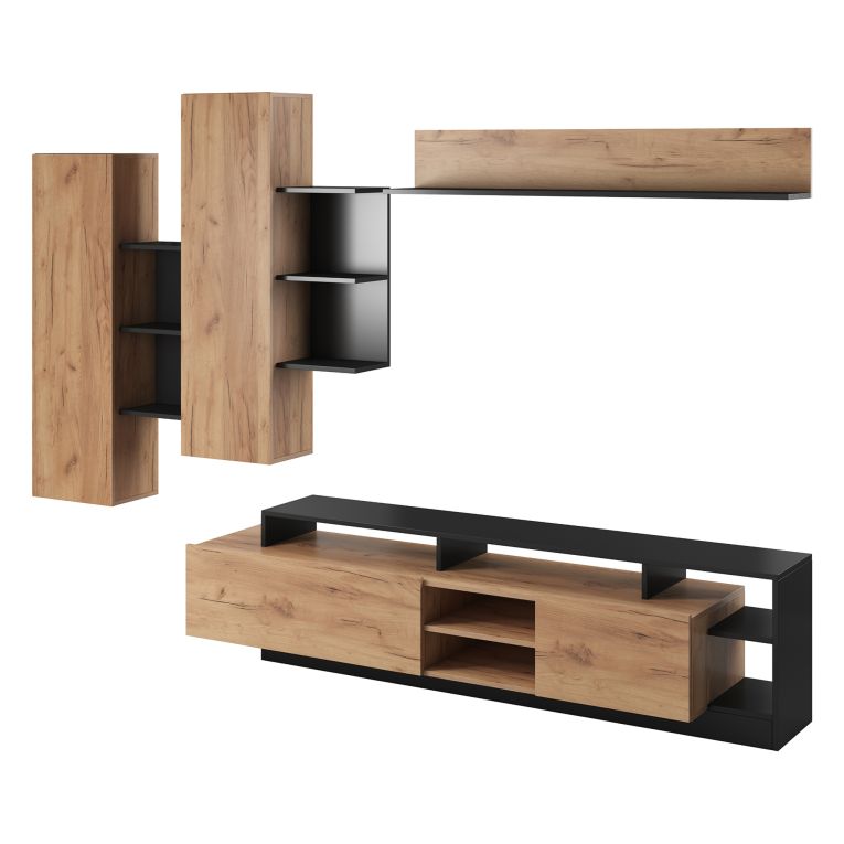 Parete Attrezzata Marrone Rovere Nero Antracite Modulabile 12 Ripiani, 20 Vani - Kamotiba