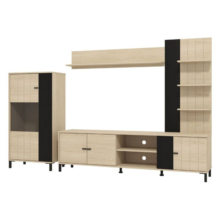 Parete Attrezzata Marrone Rovere Nero Modulabile 8 Ripiani 263x40x167h cm, 7 Vani - Caropepe