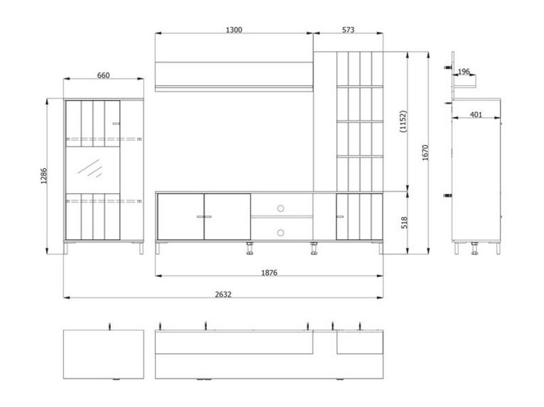 Parete Attrezzata Marrone Rovere Nero Modulabile 8 Ripiani 263x40x167h cm, 7 Vani - Caropepe