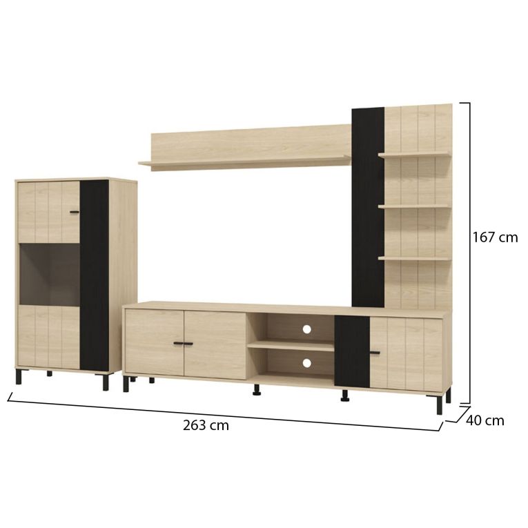 Parete Attrezzata Marrone Rovere Nero Modulabile 8 Ripiani 263x40x167h cm, 7 Vani - Caropepe