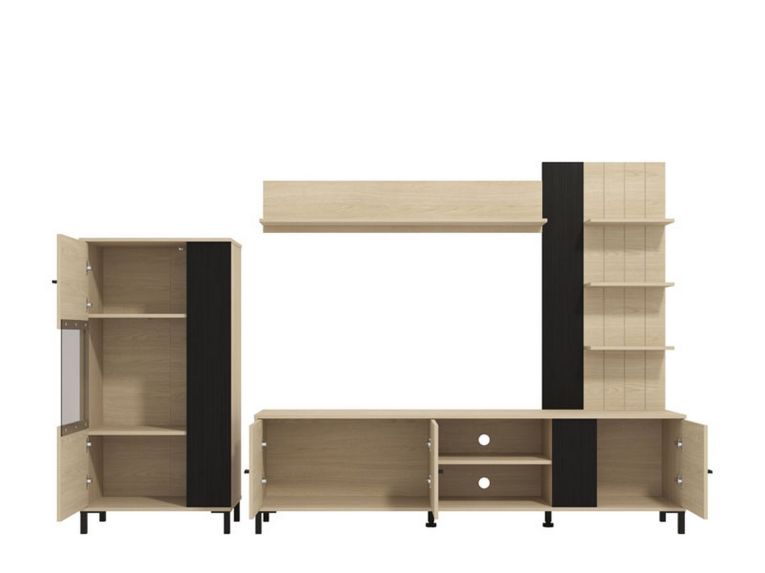 Parete Attrezzata Marrone Rovere Nero Modulabile 8 Ripiani 263x40x167h cm, 7 Vani - Caropepe