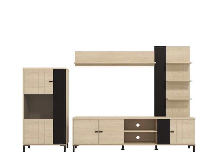 Parete Attrezzata Marrone Rovere Nero Modulabile 8 Ripiani 263x40x167h cm, 7 Vani - Caropepe