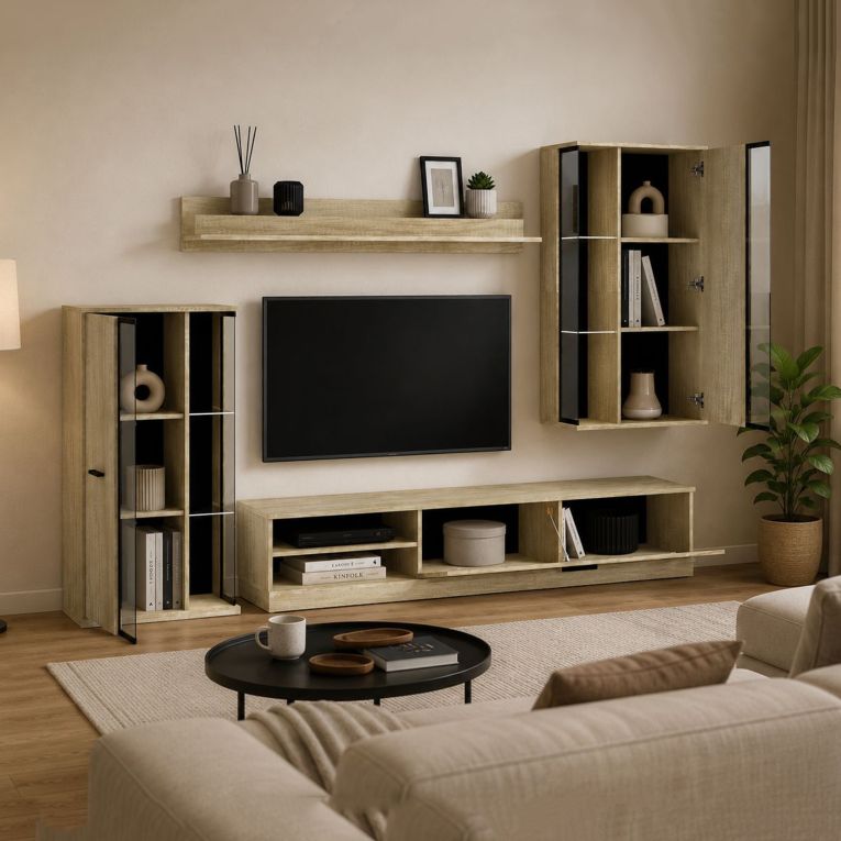 Parete Attrezzata Marrone Rovere Nero Modulabile 9 Ripiani, 16 Vani - Limose