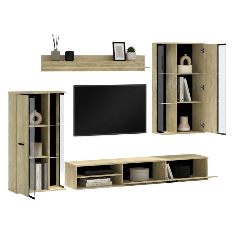 Parete Attrezzata Marrone Rovere Nero Modulabile 9 Ripiani, 16 Vani - Limose
