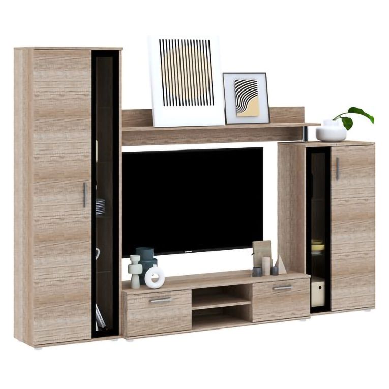 Parete Attrezzata Marrone Rovere Nero Modulabile 9 Ripiani, 2 Cassetti - Linafa