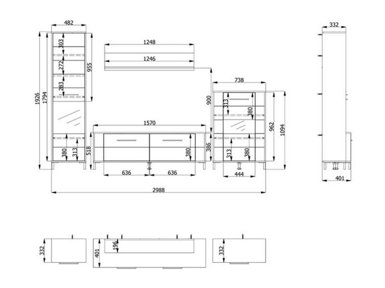 Parete Attrezzata Marrone Rovere Nodi Modulabile 8 Ripiani 299x40x192.5h cm, 4 Ante - Cimbergo