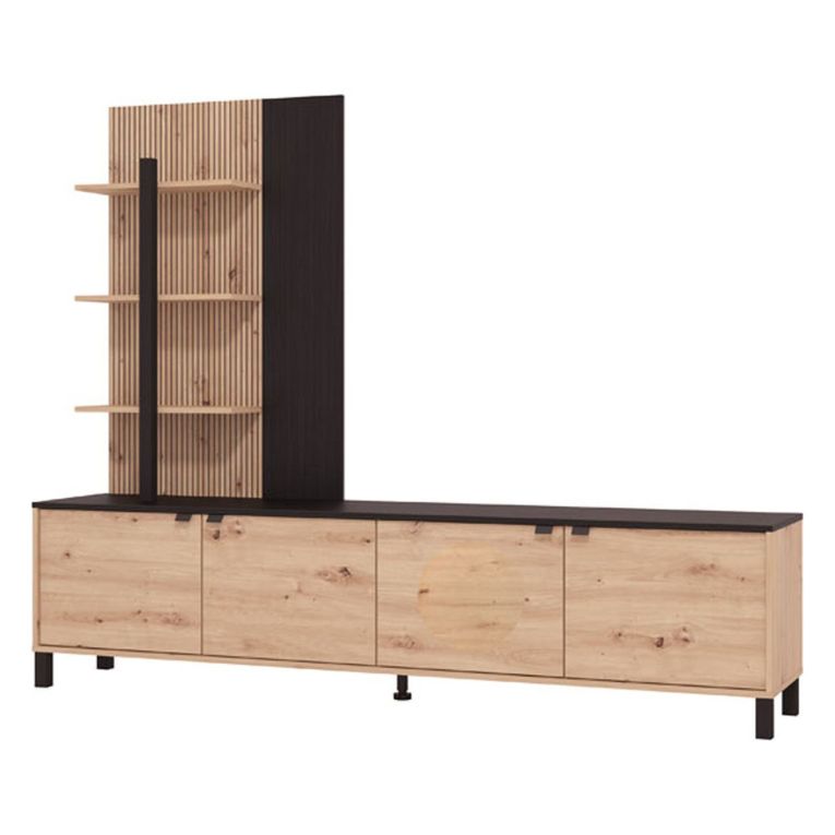 Parete Attrezzata Marrone Rovere Nodi Nero 4 Ripiani 4 Vani 208x40x167h cm, 4 Ante - Staletti