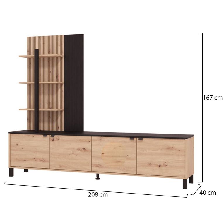 Parete Attrezzata Marrone Rovere Nodi Nero 4 Ripiani 4 Vani 208x40x167h cm, 4 Ante - Staletti
